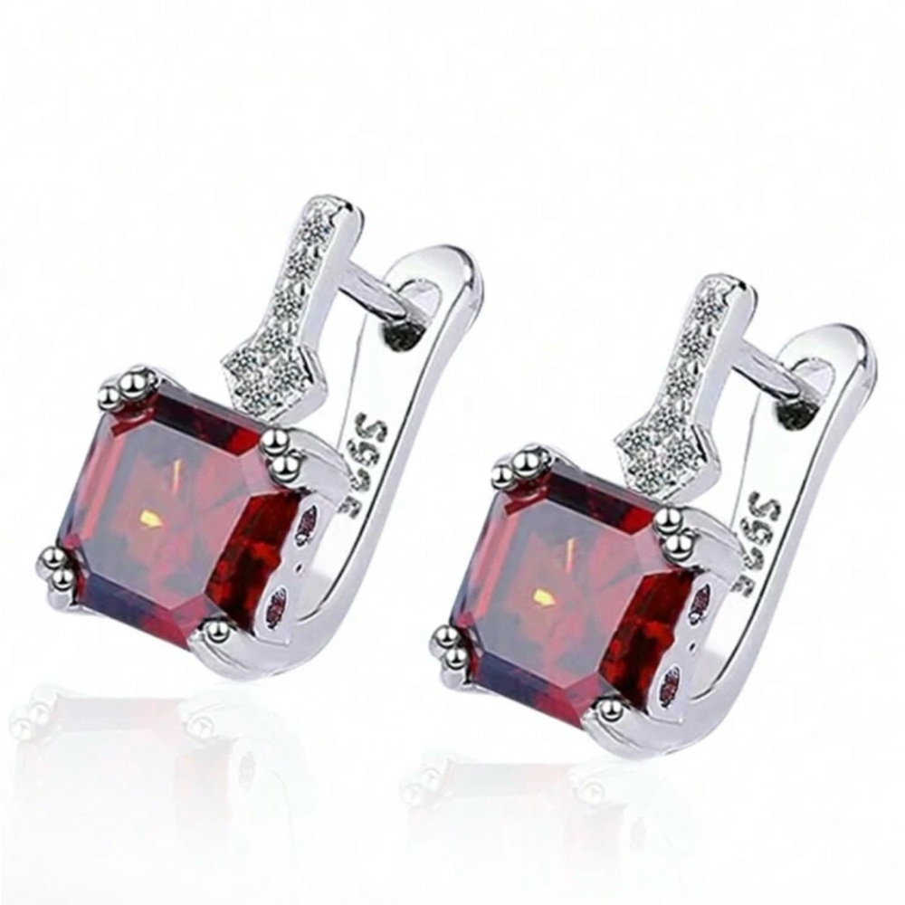 Elegant 925 Sterling Silver Red Square Cubic Zirconia  Earrings Stamped